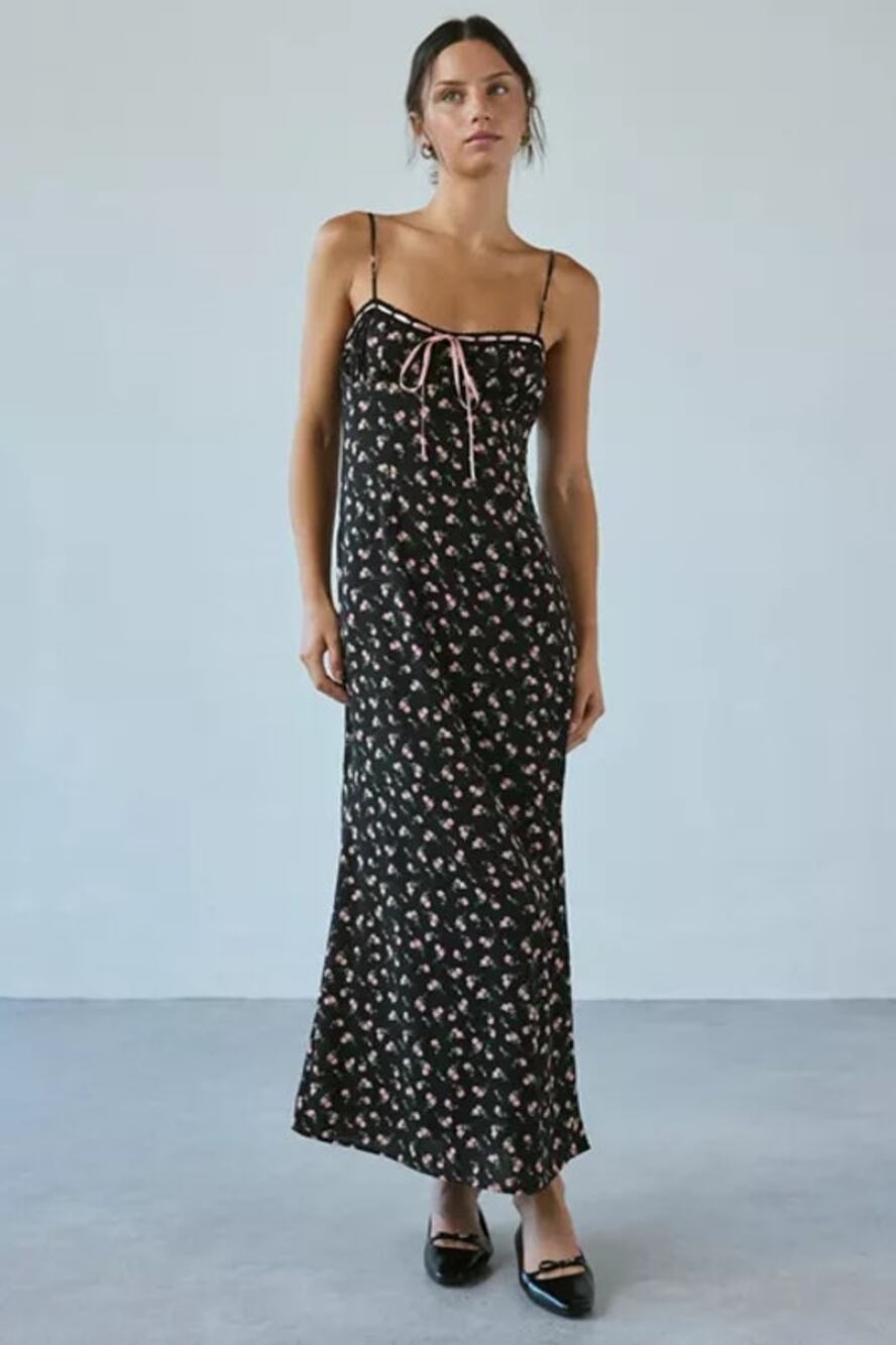 Urban Outfitters Kiss The Sky Black Floral Slit Bustier Cami Midi Slip Dress XS